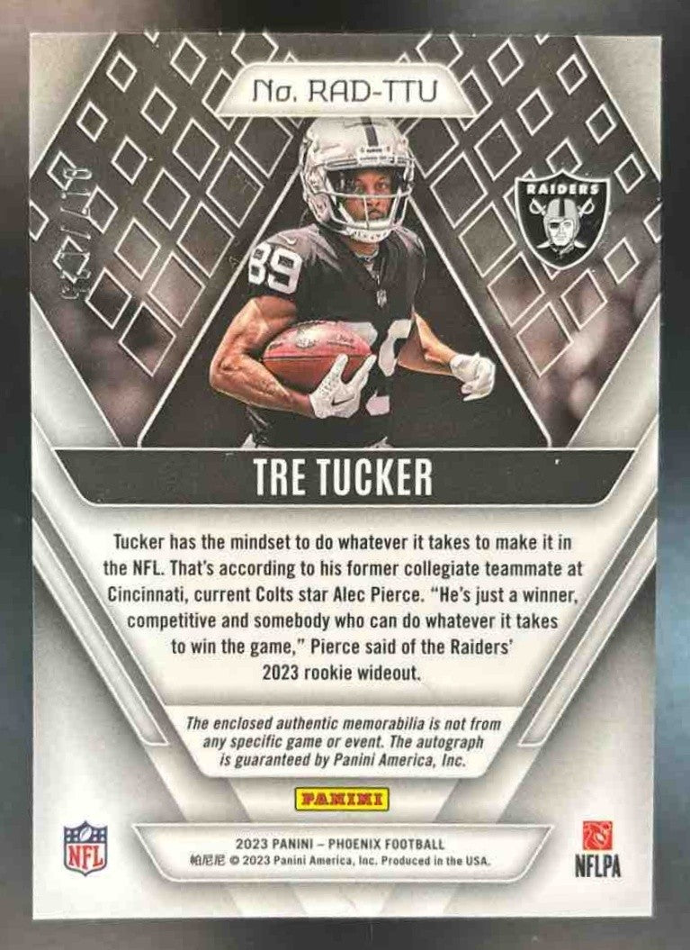 2023 Phoenix Tre Tucker Dual Patch Auto Orange /125 MEM RC Las Vegas Raiders
