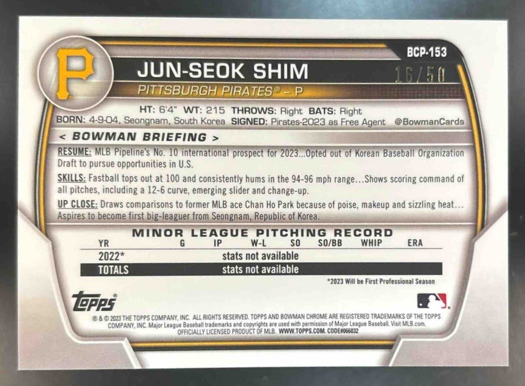 2023 Bowman Chrome Jun-Seok Shim Gold Mojo /50 #BCP-153 1st Prospect Pirates