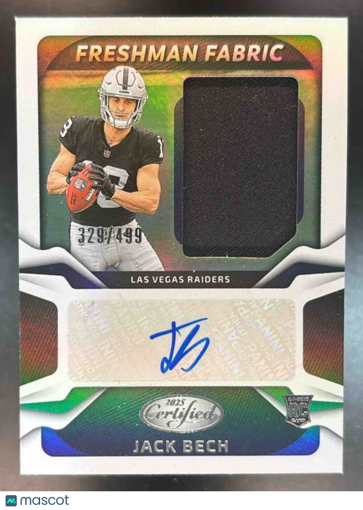 2025 Panini Certified Jack Bech Freshman Fabric Patch Auto /499 MEM RC Raiders