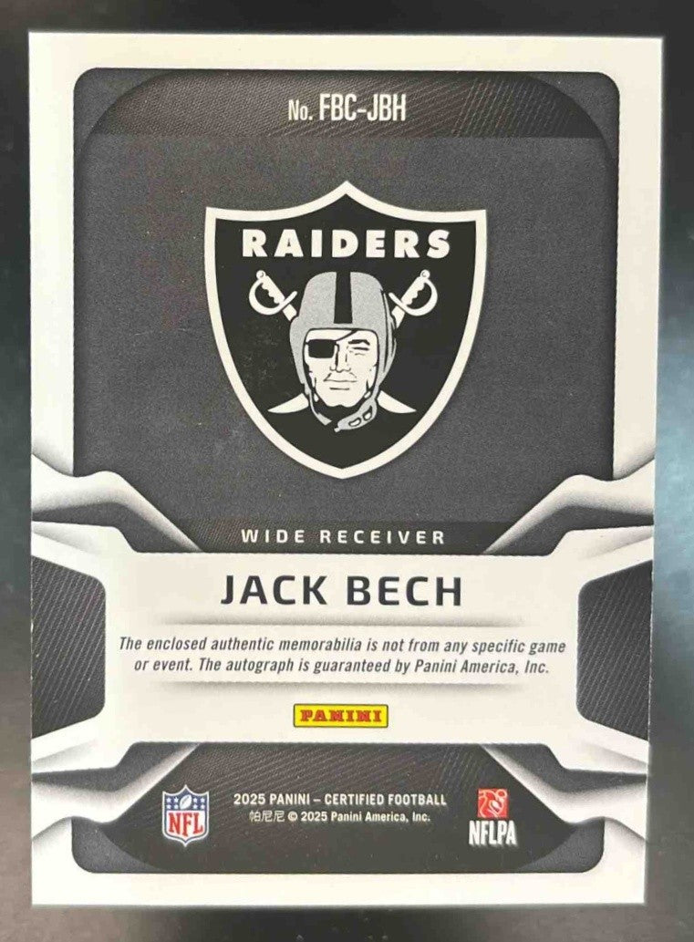2025 Panini Certified Jack Bech Freshman Fabric Patch Auto /499 MEM RC Raiders