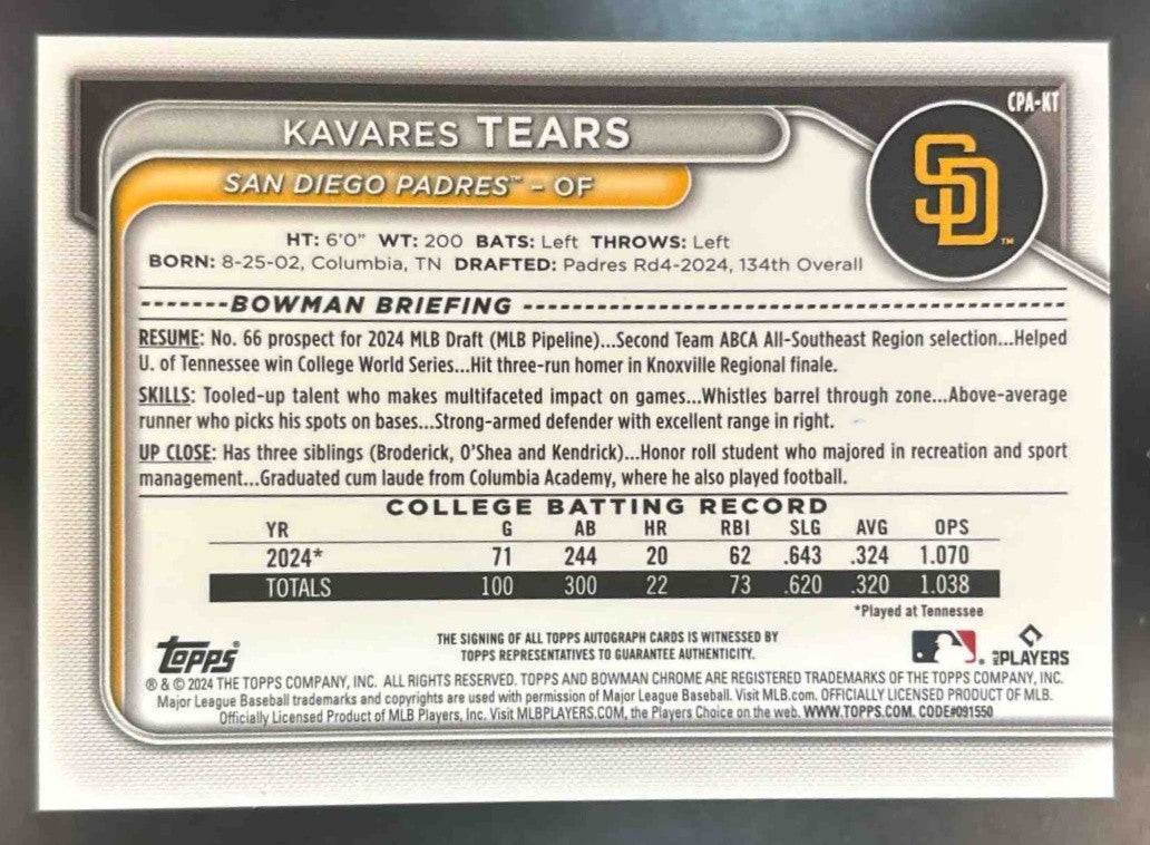 2024 Bowman Draft Kavares Tears Chrome Auto 1st Prospect Padres