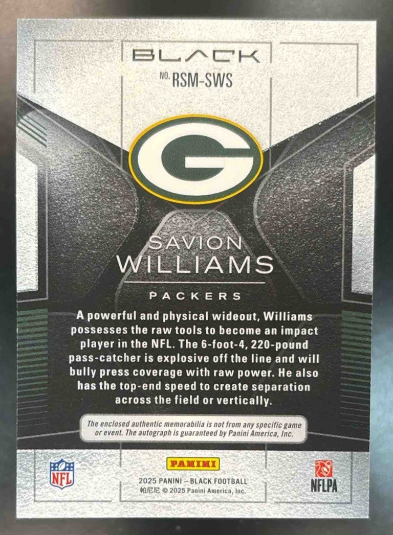 2025 Black Savion Williams Dual Patch Auto /99 MEM RC Auto Green Bay Packers