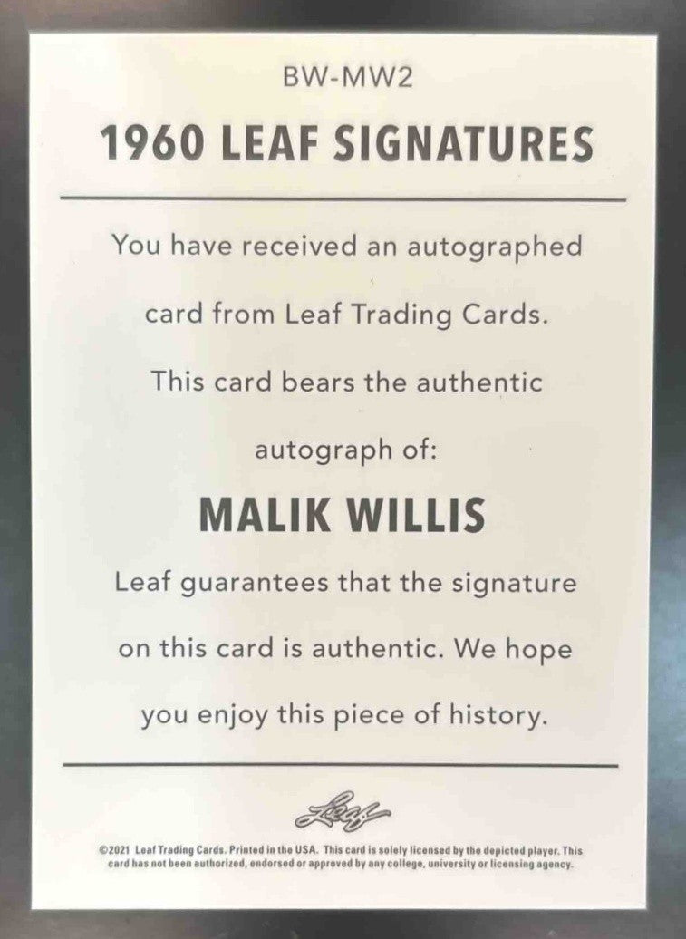 2021 Leaf Memories Malik Willis 1960 Auto /50 #BW-MW2 RC Liberty Flames