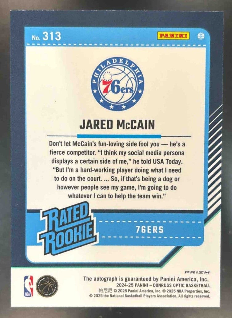 2024-25 Donruss Optic Jared McCain Signatures Fast Break #313 RC Auto 76ers