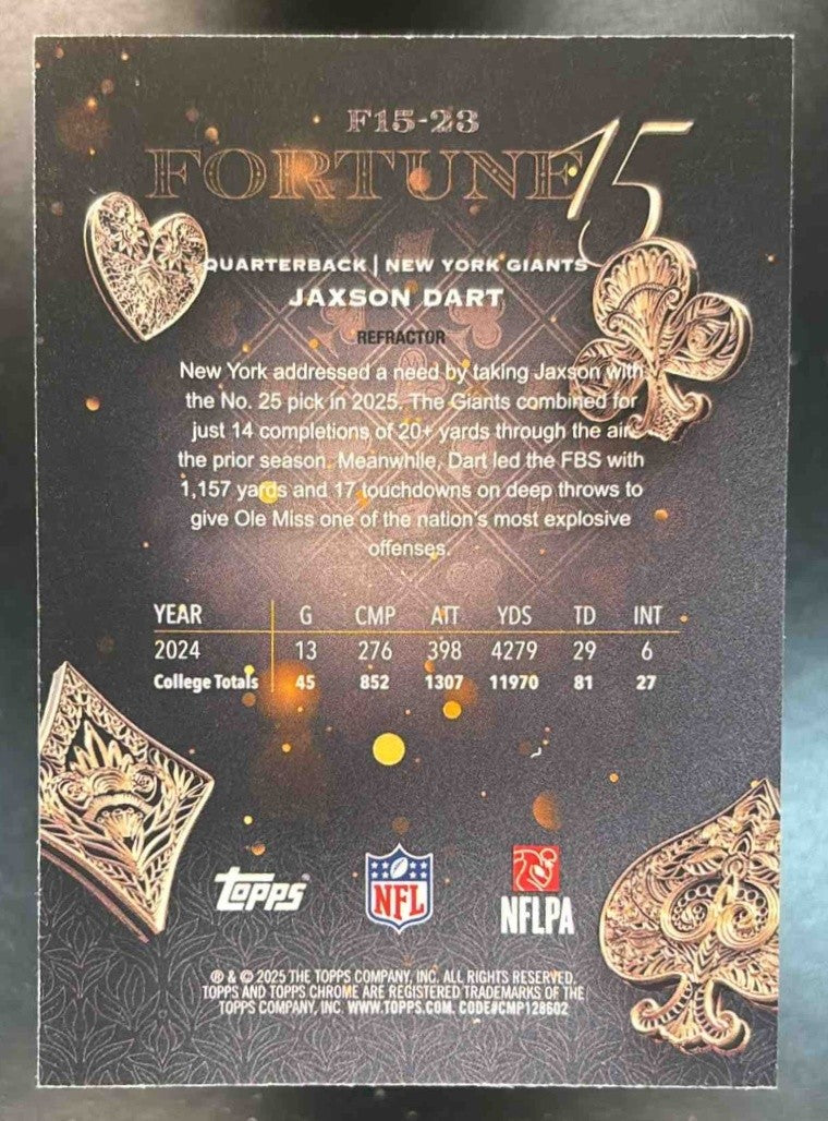 2025 Topps Chrome Jaxson Dart Fortune 15 Refractor #F15-23 RC New York Giants
