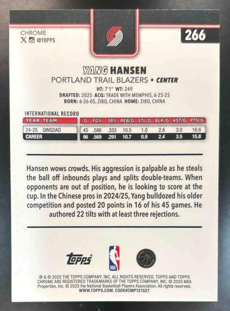 2025-26 Topps Chrome Yang Hansen Blue Basketball /150 #266 RC Trail Blazers