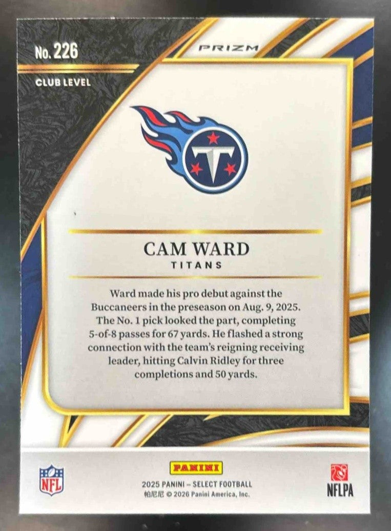 2025 Panini Select Cam Ward Club Level Pink Prizm Shock #226 RC Tennessee Titans