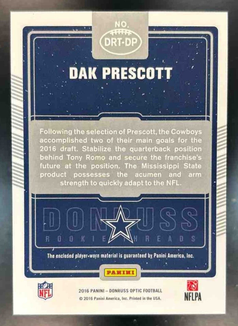 2016 Donruss Optic Dak Prescott Rookie Threads Blue And Green MEM RC Cowboys