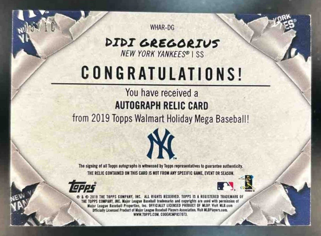 2019 Topps Holiday Didi Gregorius Auto Relics #WHAR-DG MEM New York Yankees