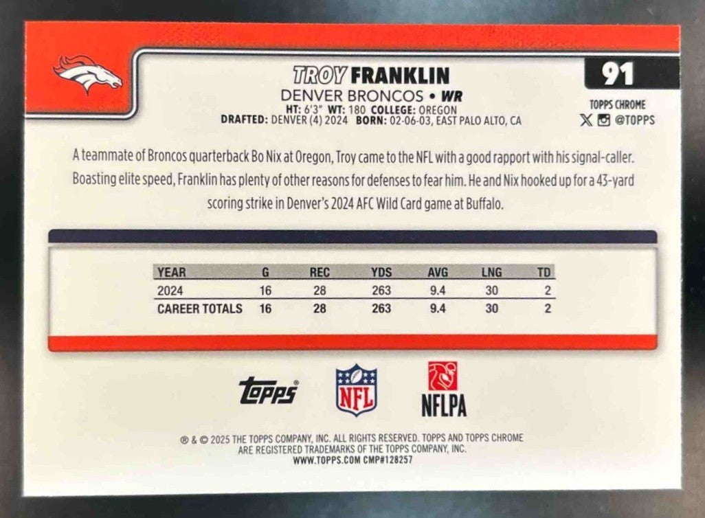 2025 Topps Chrome Troy Franklin Pink Wave Refractor /250 #91 Denver Broncos