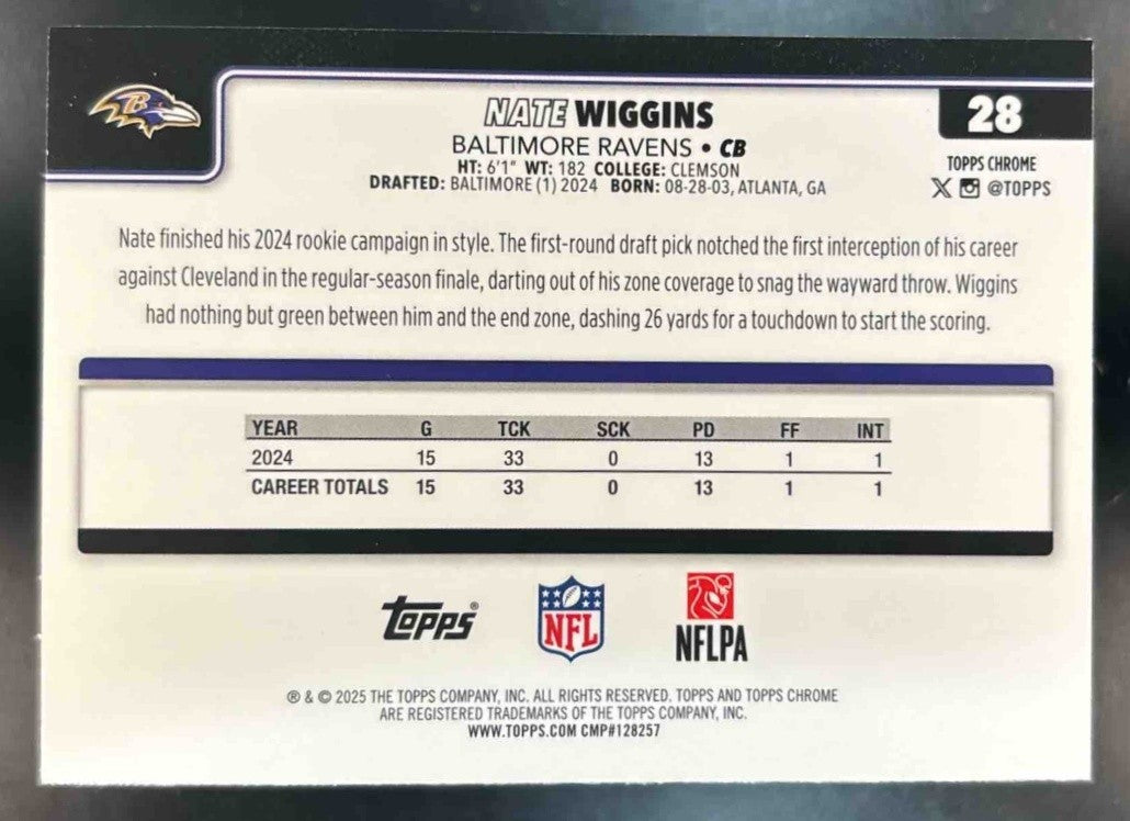 2025 Topps Chrome Nate Wiggins Green Refractor /99 #28 Baltimore Ravens
