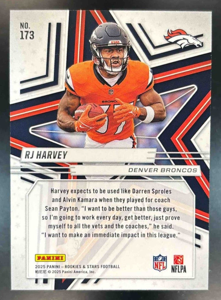 2025 Panini Rookies & Stars RJ Harvey True Blue /149 #173 RC Denver Broncos