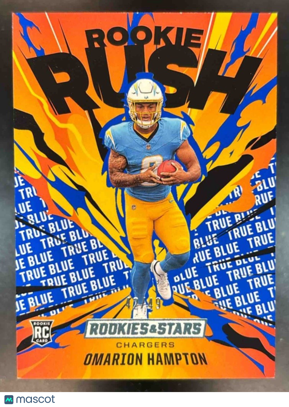 2025 Panini Rookies & Star Omarion Hampton Rookie Rush True Blue /49 RC Chargers