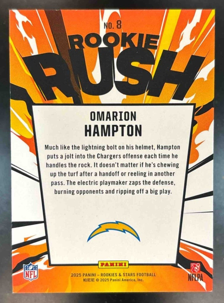 2025 Panini Rookies & Star Omarion Hampton Rookie Rush True Blue /49 RC Chargers