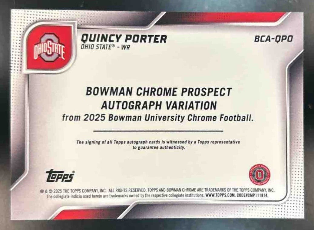 2025 Bowman Chrome University Quincy Porter Prospect Auto Purple /75 Buckeyes