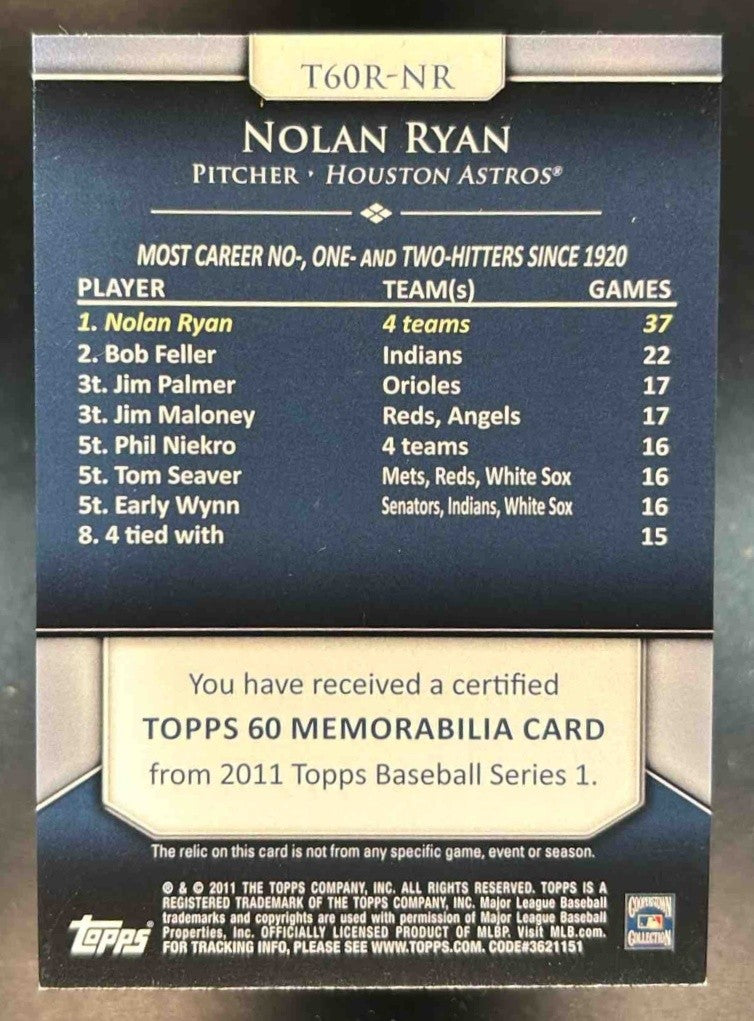 2011 Topps Nolan Ryan 60 Relics #T60R-NR MEM Houston Astros