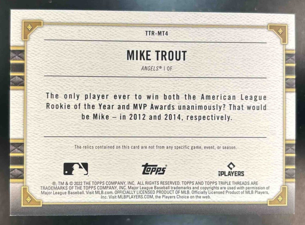 2022 Topps Triple Threads Mike Trout Relics Amethyst /27 Los Angeles Angels
