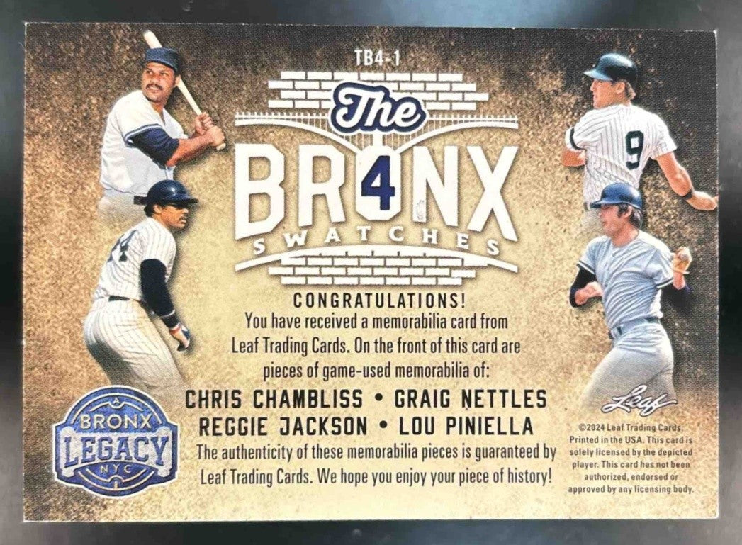 2024 Bronx Legacy Reggie Jackson Lou Chambliss Nettles The 4 Swatches Game Used