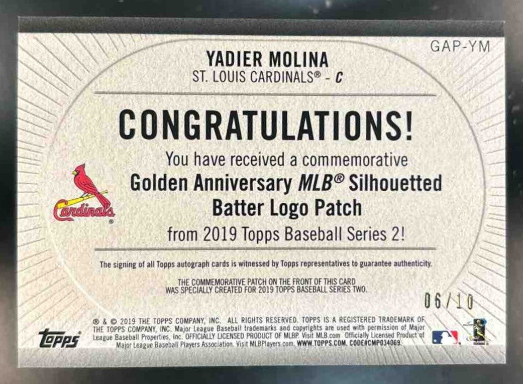 2019 Topps Yadier Molina MLB Logo Manufactured Patch Auto /10 St. Louis Cardinal