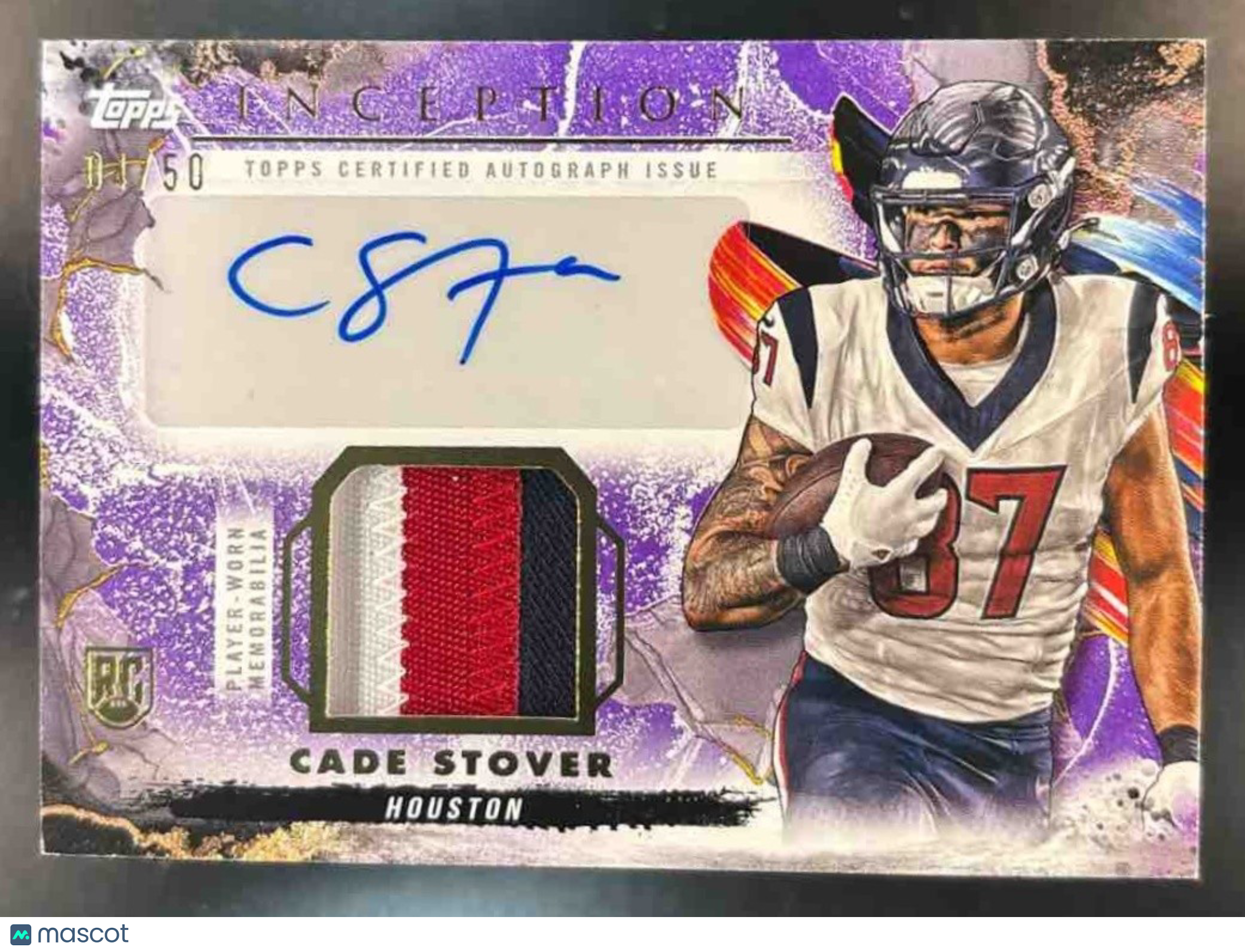 2024 Topps Inception Cade Stover Provenance Patch Auto Purple /50 MEM RC Texans