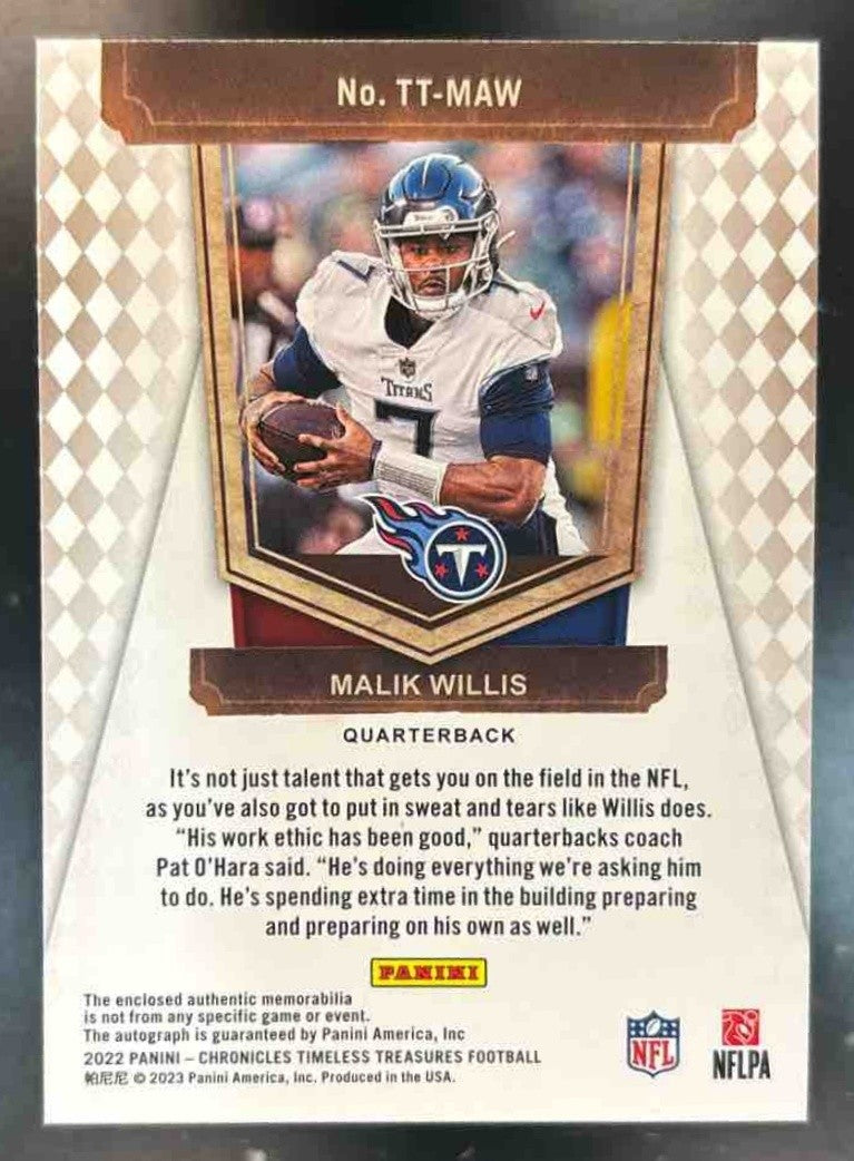 2022 Panini Chronicles Malik Willis Timeless Treasures Auto /25 RC Titans
