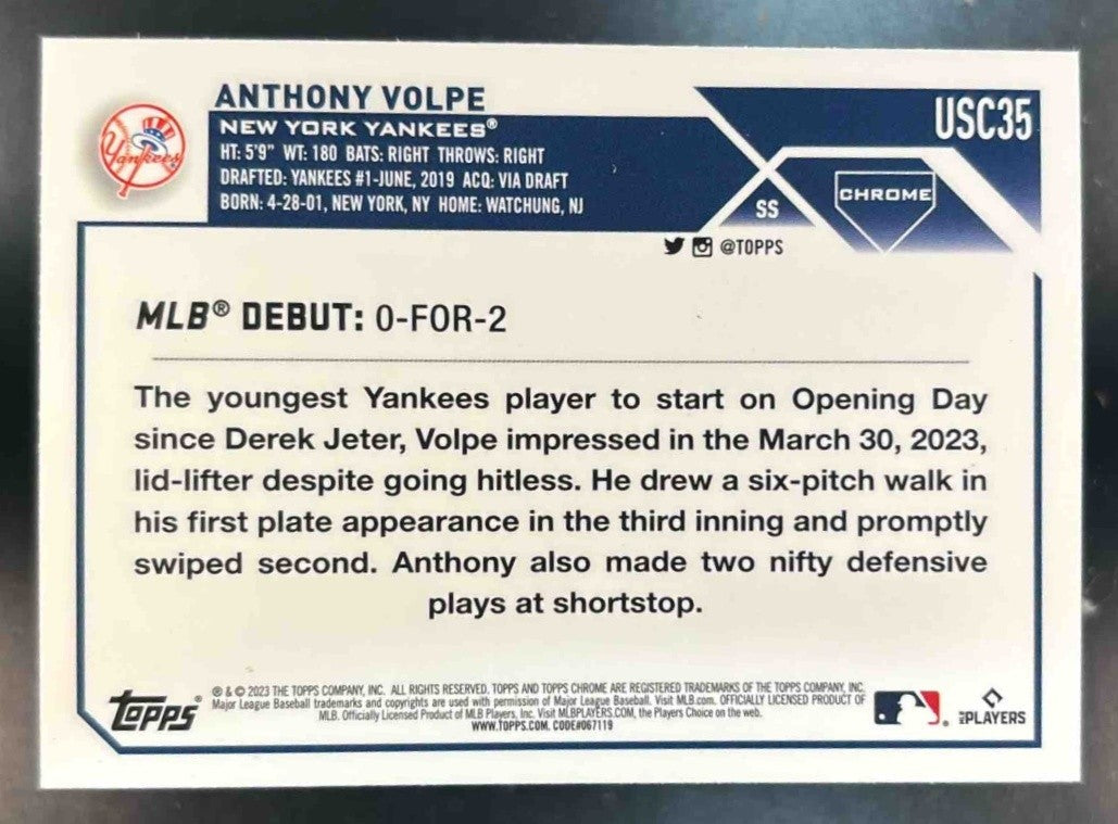 2023 Topps Chrome Update Anthony Volpe #USC35 RC New York Yankees