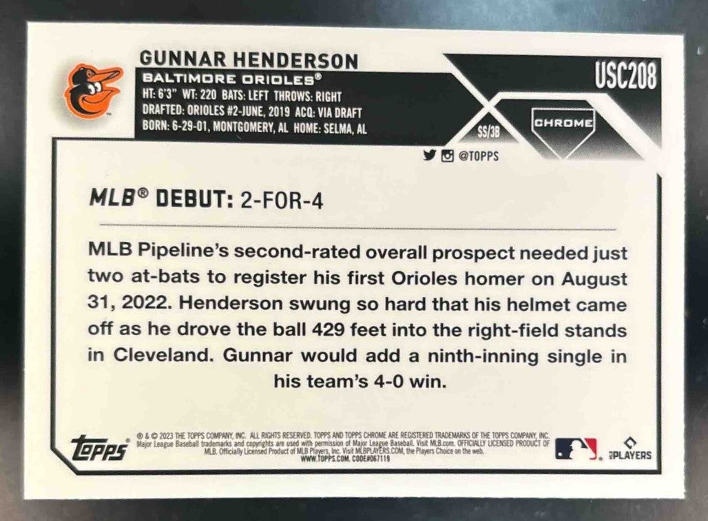 2023 Topps Chrome Update Gunnar Henderson #USC208 RC Baltimore Orioles
