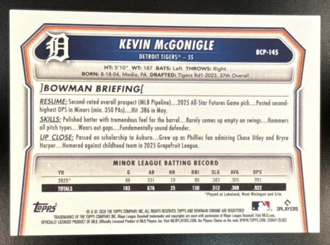 2026 Bowman Kevin McGonigle Chrome Prospects Reptilian Refractor #BCP-145 Tigers