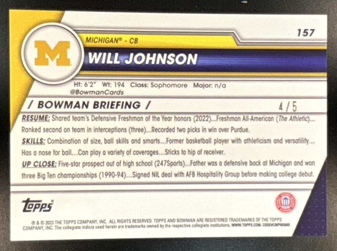 2023 Bowman University Chrome Will Johnson Red Refractor /5 #157 Michigan