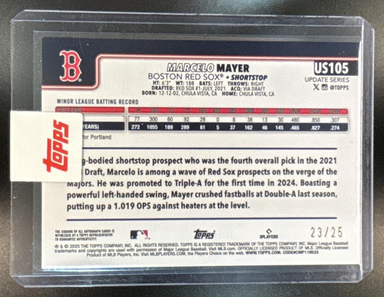 2025 Topps Update Marcelo Mayer Real One Auto Orange /25 #US105 RC Red Sox