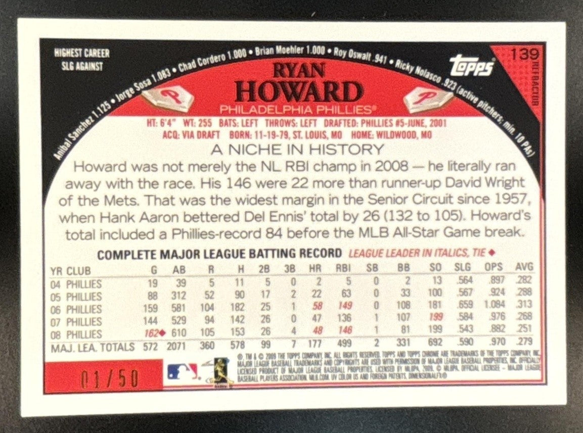 2009 Topps Chrome Ryan Howard Gold Refractor 1/50 #139 Philadelphia Phillies