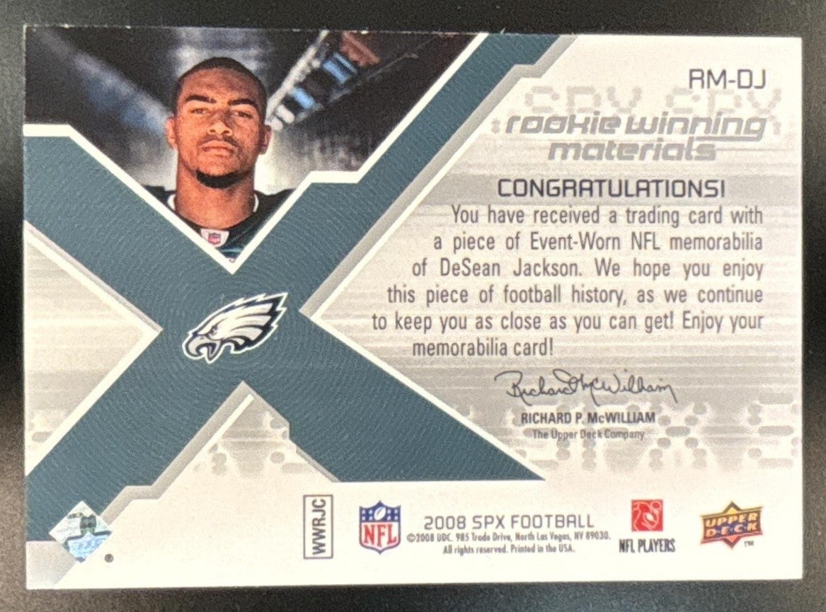 2008 SPx DeSean Jackson Rookie Materials NFL Letters Triple /50 MEM RC Eagles