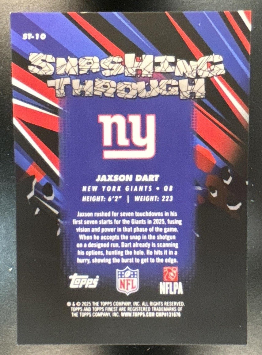 2025 Topps Finest Jaxson Dart Smashing Through RC #ST-10 New York Giants