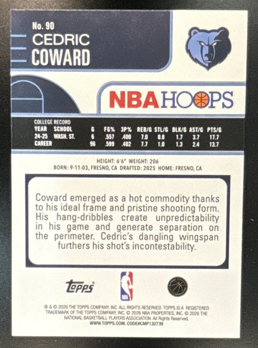 2025-26 Topps Hoops Cedric Coward Pixel Burst Blue /149 #90 RC Memphis Grizzlies