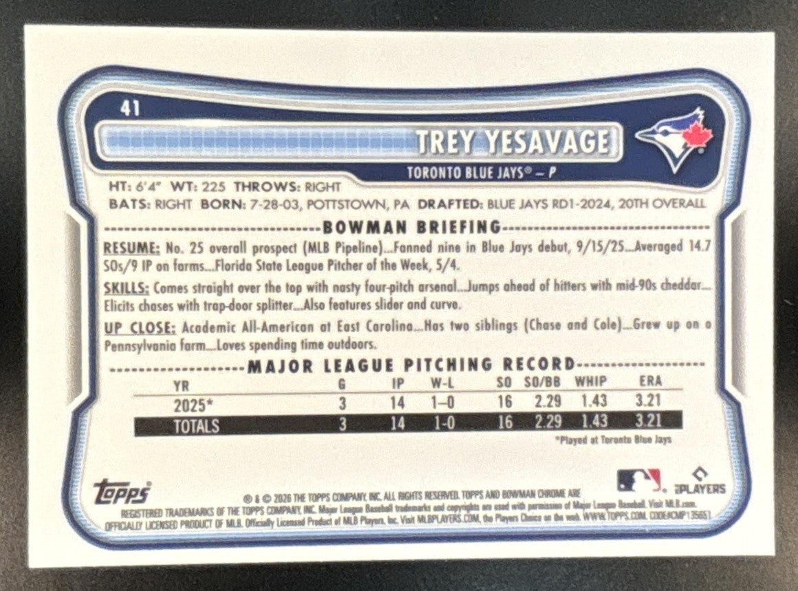 2026 Bowman Mega Box Trey Yesavage Chrome Mojo Refractor #41 RC Blue Jays