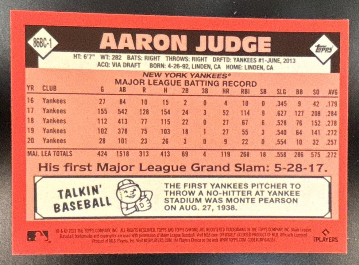 2021 Topps Chrome Aaron Judge 1986 Baseball Refractor #86BC-1 New York Yankees