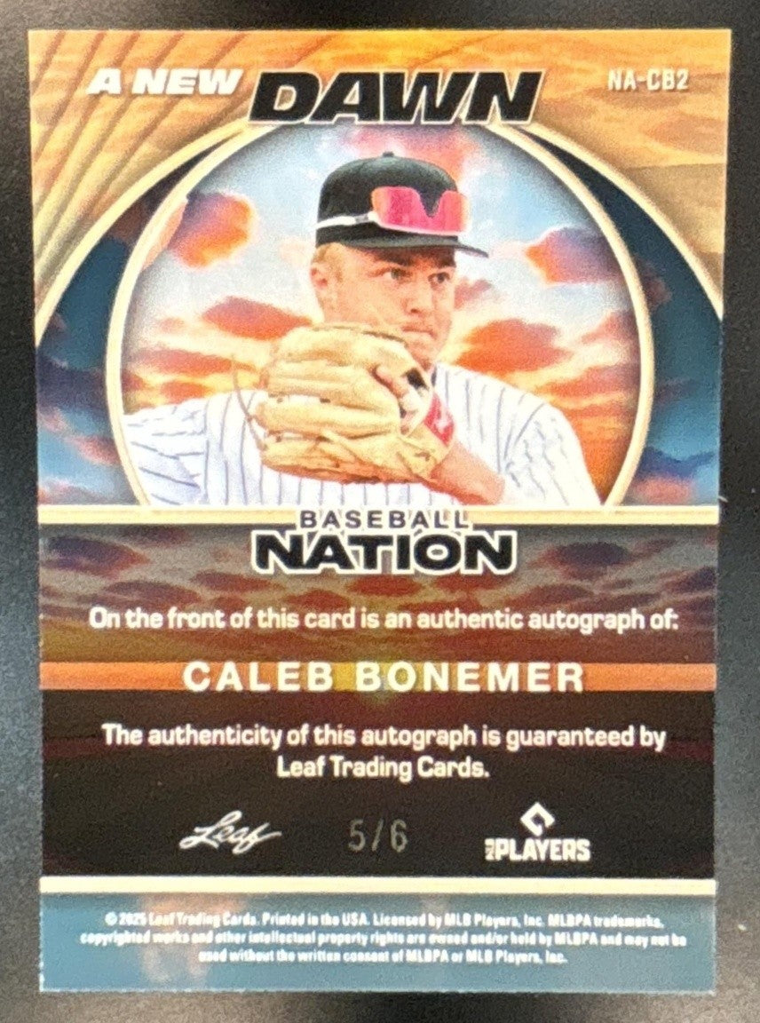 2025 Leaf Baseball Nation Caleb Bonemer New Dawn Auto Pink /6 #NA-CB2