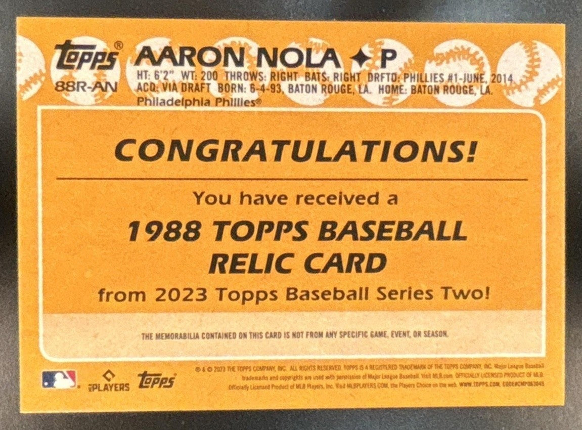 2023 Topps Aaron Nola 1988 Baseball 35th Anniversary Relics MEM Phillies