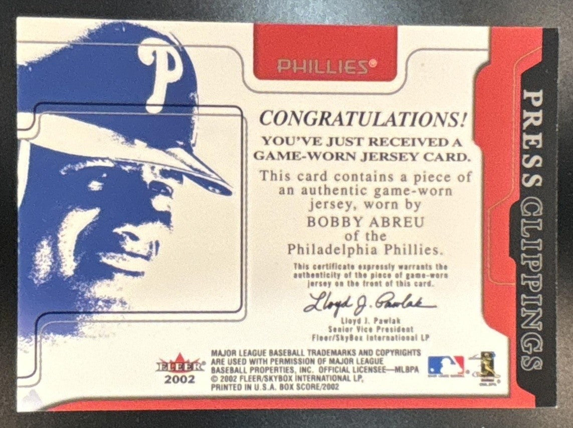 2002 Fleer Box Score Bobby Abreu Press Clippings Game Used MEM Phillies