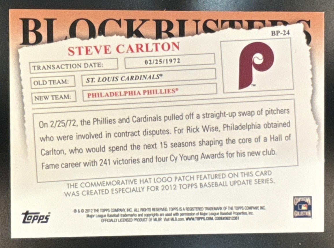 2012 Topps Update Steve Carlton Blockbusters Commemorative Hat Logo Patch