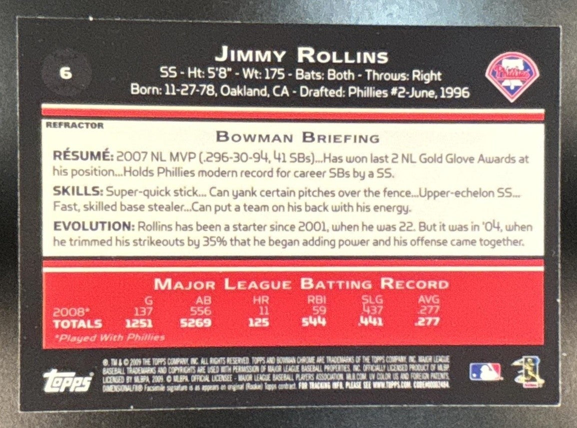 2009 Bowman Chrome Jimmy Rollins Refractor #6 Philadelphia Phillies