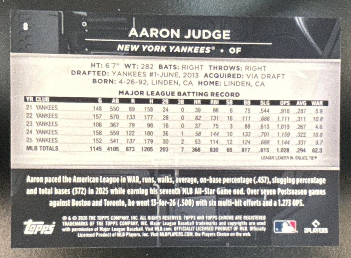 2026 Topps Chrome Black Aaron Judge Gold Mini-Diamond /50 #8 New York Yankees