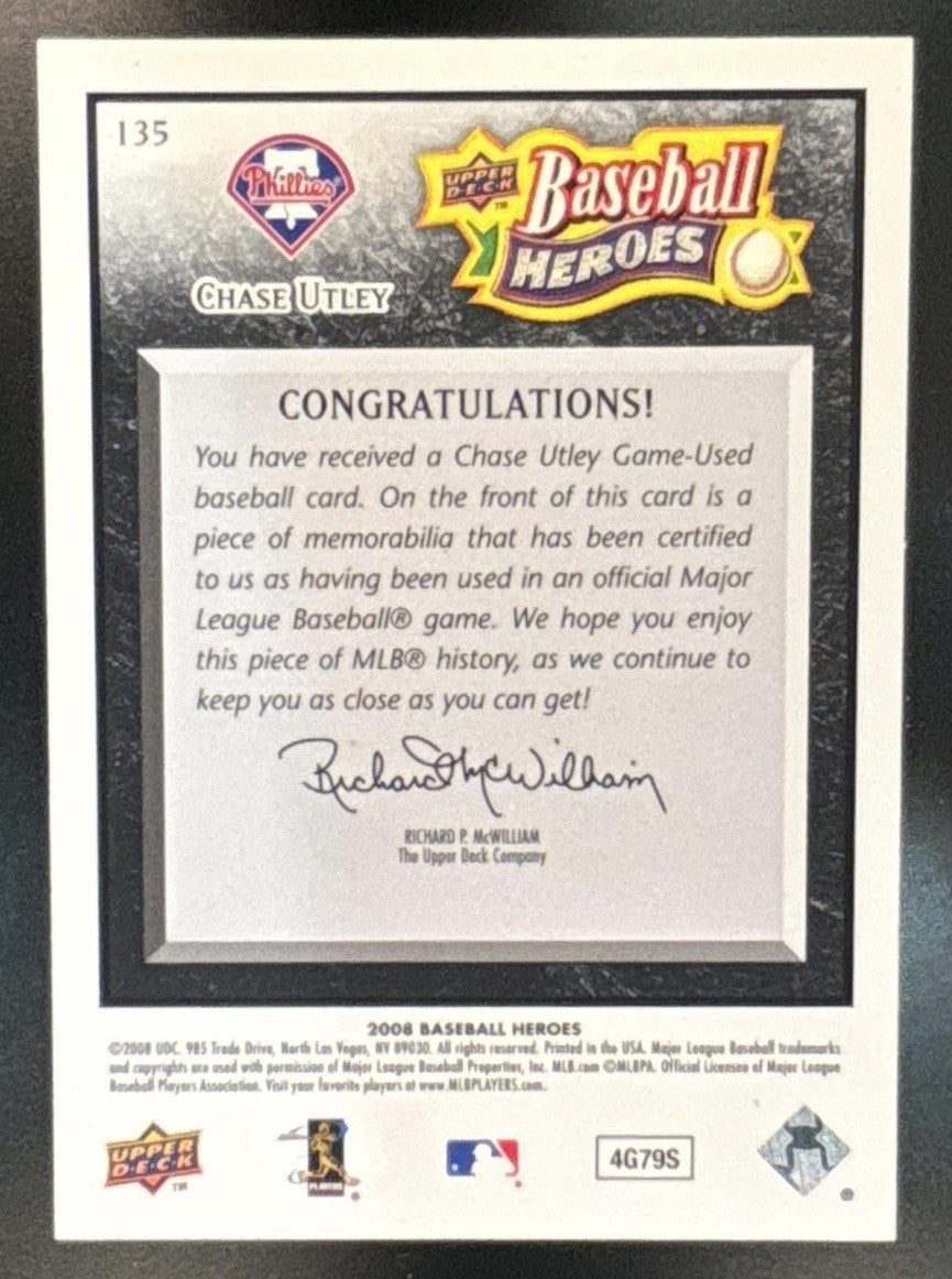 2008 Upper Deck Baseball Heroes Chase Utley Patch MEM #135 Philadelphia Phillies