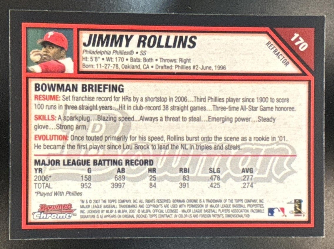 2007 Bowman Chrome Jimmy Rollins Refractor #170 Philadelphia Phillies