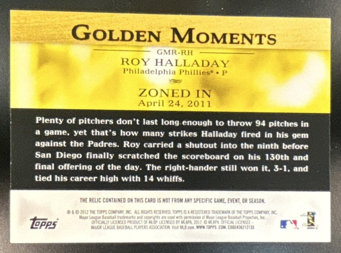 2012 Topps Roy Halladay Golden Moments Relics #GMR-RH MEM Philadelphia Phillies