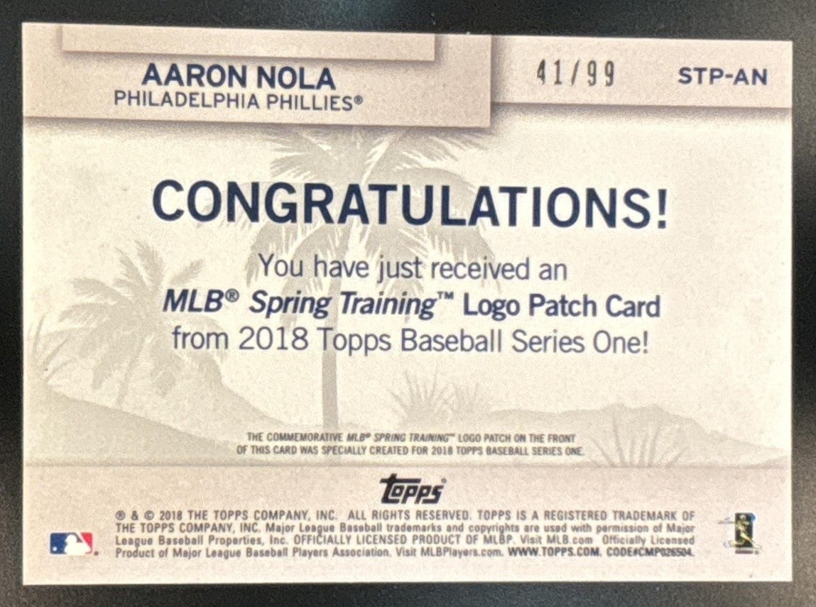 2018 Topps Aaron Nola MLB Spring Training Logo Manufactured Patch Relics /99