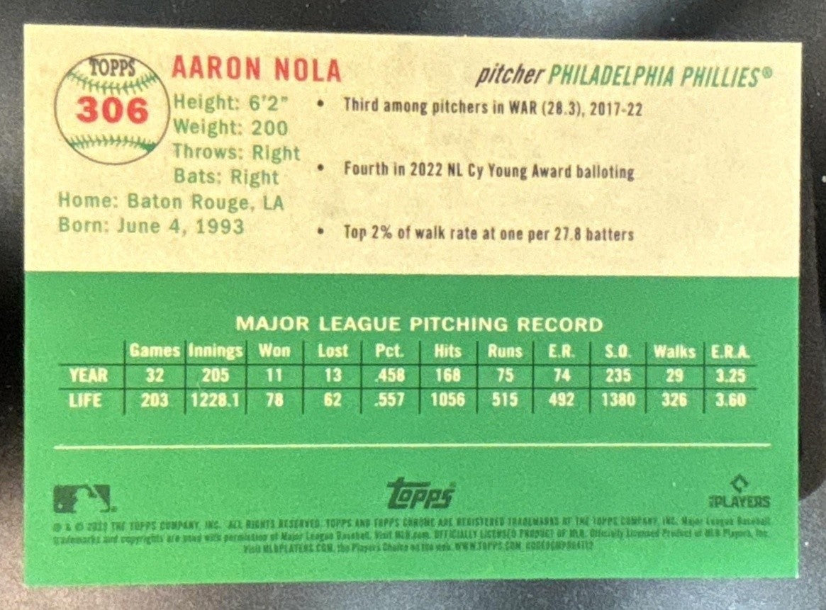 2023 Topps Chrome Platinum Anniversary Aaron Nola Gold /50 #306 Phillies