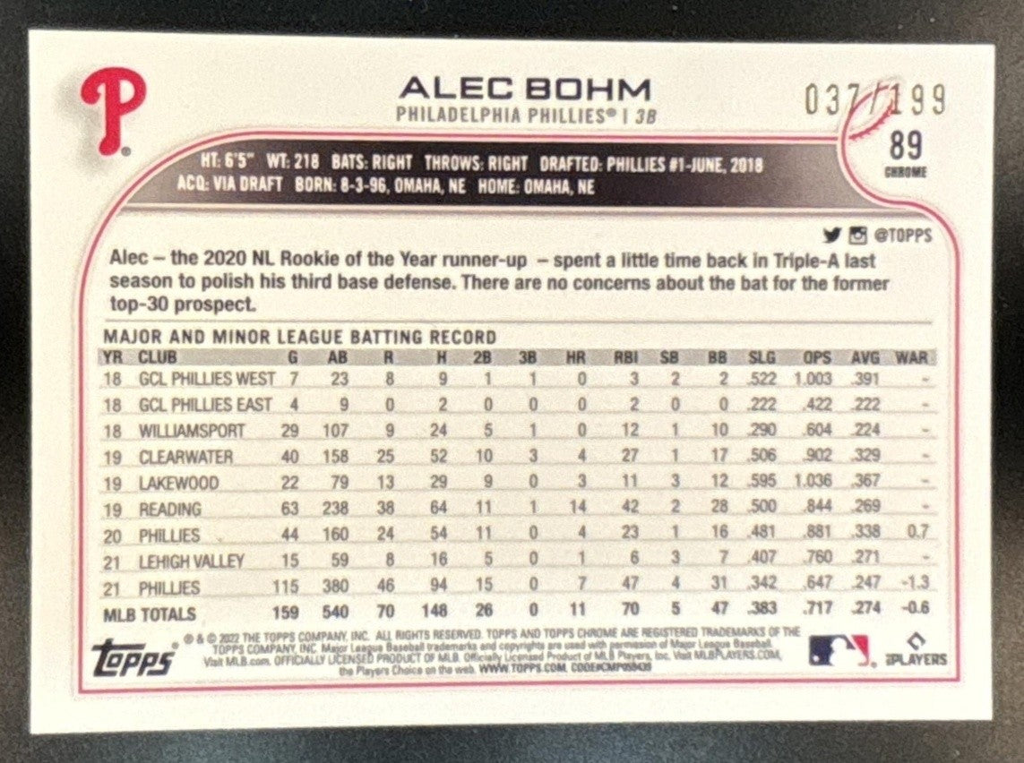 2022 Topps Chrome Sonic Alec Bohm Aqua RayWave /199 #89 Philadelphia Phillies