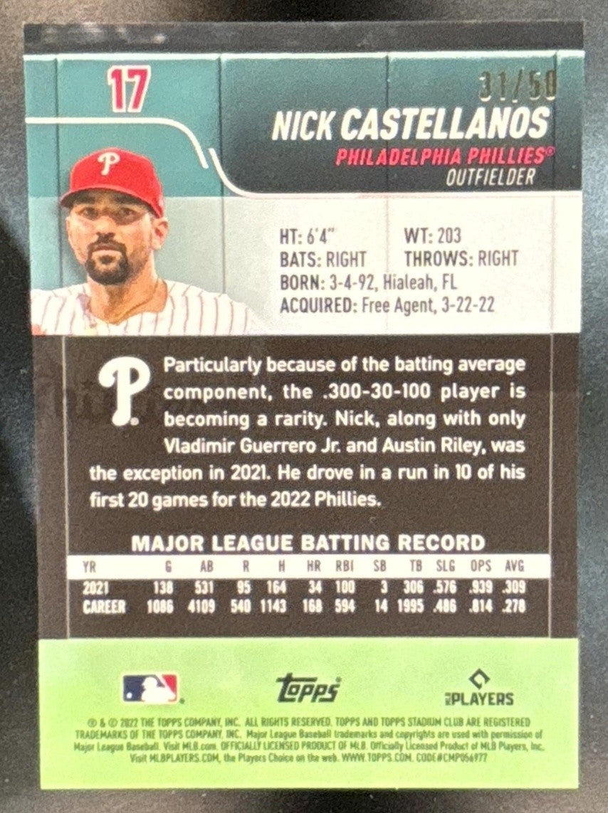 2022 Topps Stadium Club Chrome Nick Castellanos Gold /50 #17 Phillies