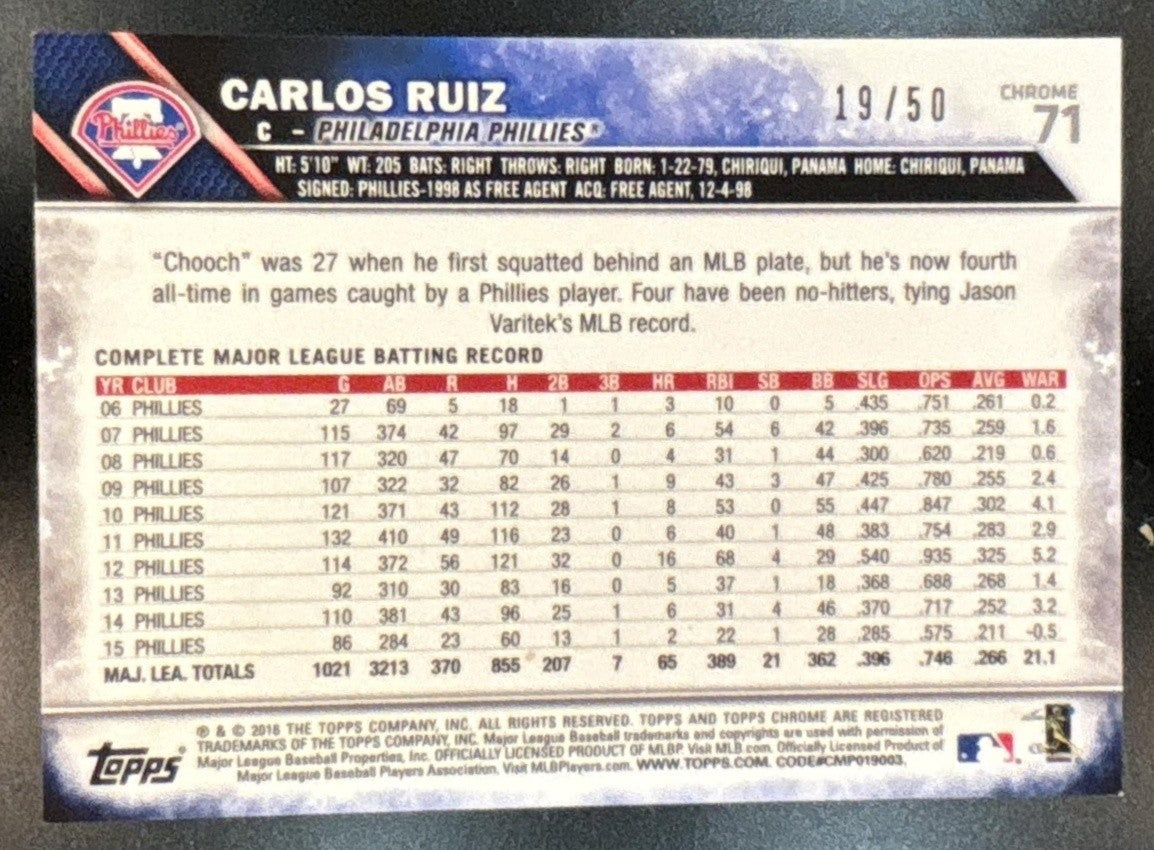 2016 Topps Chrome Carlos Ruiz Gold Refractor /50 #71 Philadelphia Phillies